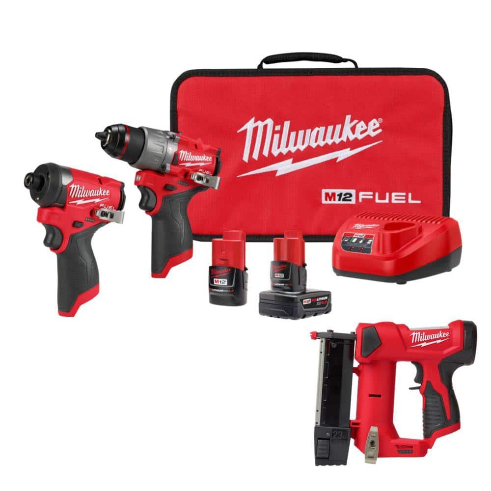 M12 FUEL 12-Volt Cordless Hammer Drill and Impact Driver Combo Kit with M12 23-Gauge Lithium-Ion Cordless Pin Nailer -  Milwaukee, 3497-22-2540