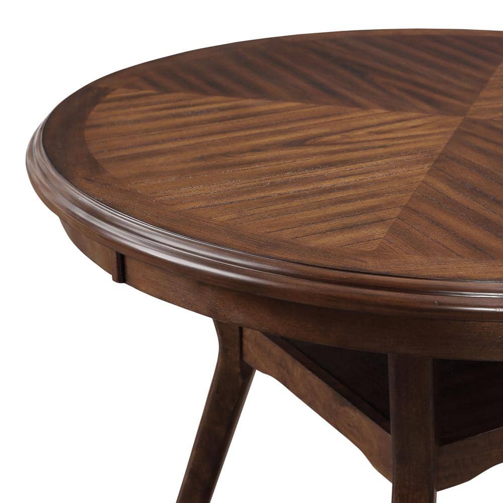 Cherry Wood Round Dining Table Set with Gray Upholstered Chairs