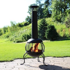 66 in. Steel Wood-Burning Outdoor Chiminea with Rain Cap in Black