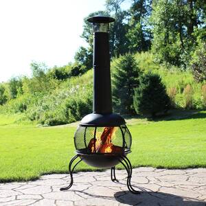 66 in. Steel Wood-Burning Outdoor Chiminea with Rain Cap in Black