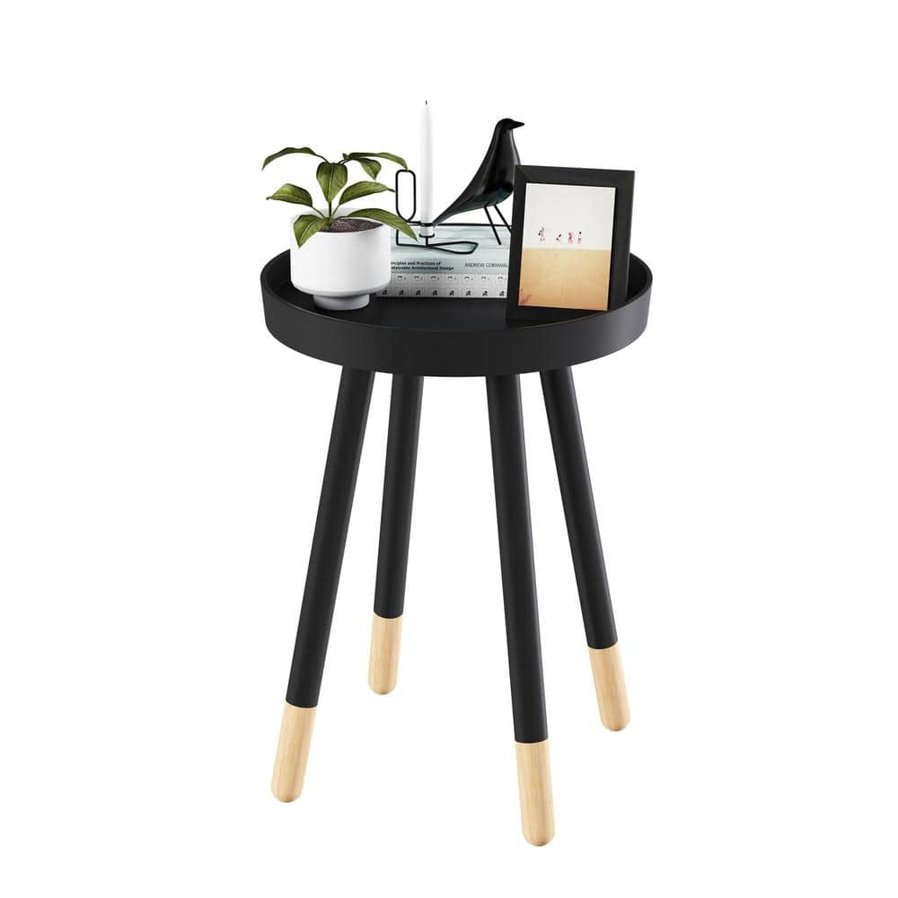 White Wooden Round Tray Top Color-Block Side Table - thumbnail 7
