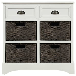 White 28.00 in. Rustic Storage Cabinet with 2 Drawers and 4 Rattan Basket for Dining Room, Living Room