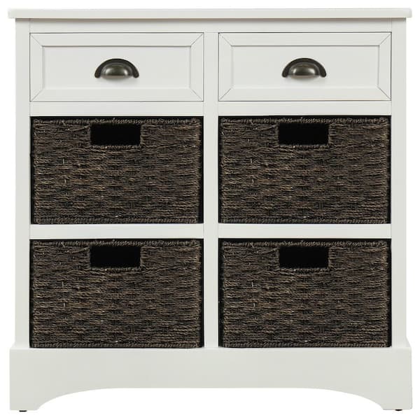White 28.00 in. Rustic Storage Cabinet with 2 Drawers and 4 Rattan Basket for Dining Room, Living Room