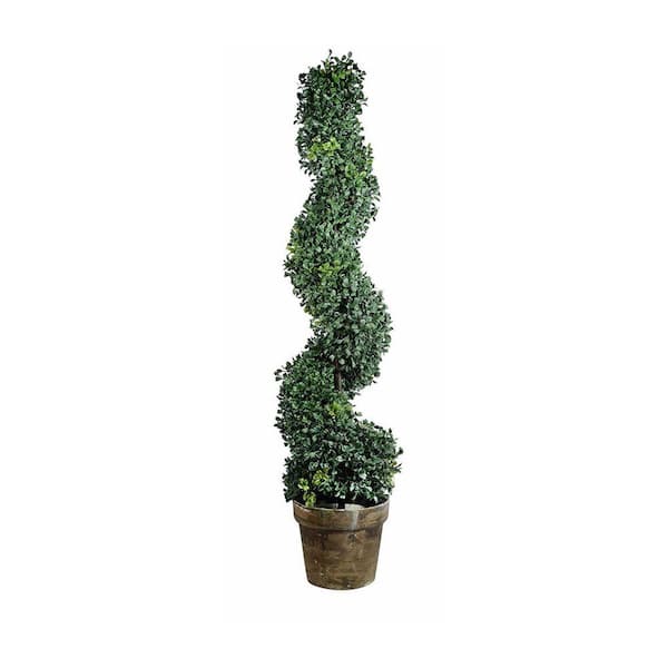 Benjara Artificial Green and Brown Plastic Boxwood 1-Piece Spiral Tree Plant with Pot