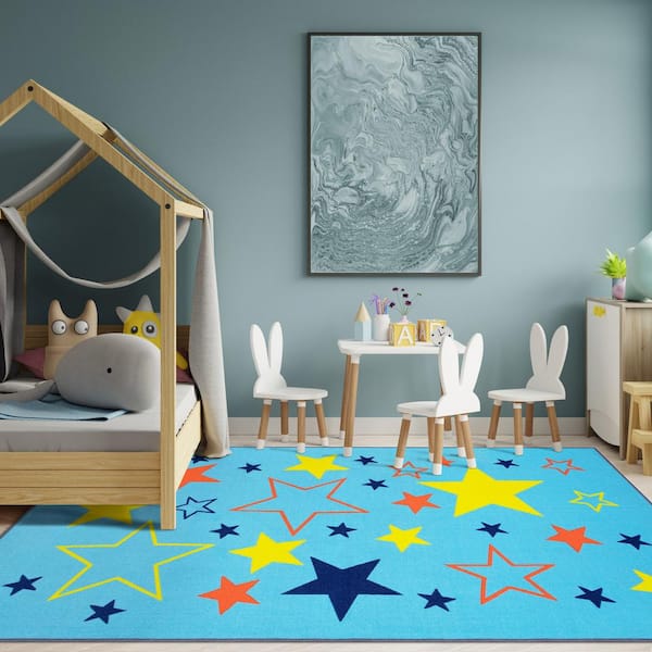 All-Star Blue 5 ft. x 8 ft. Non-Slip Modern Kids Nylon Area Rug