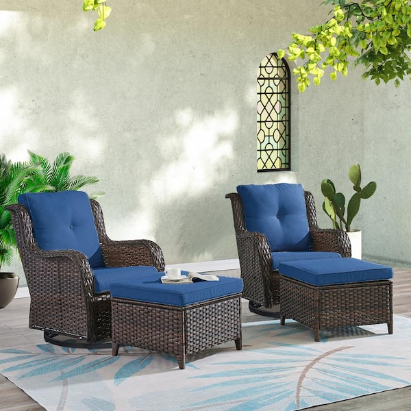 ArcoBay 4-Piece Brown Wicker Outdoor Rocking Chair Patio Swivel Chairs with Navy Blue Cushions and Ottomans