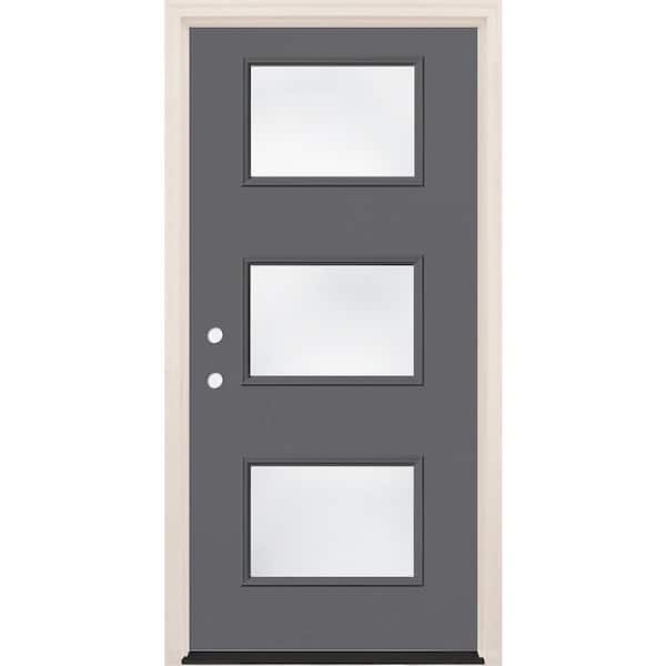 Builders Choice 36 in. x 80 in. Right-Hand/Inswing 3-Lite Clear Glass London Painted Fiberglass Prehung Front Door w/6-9/16 in. Frame