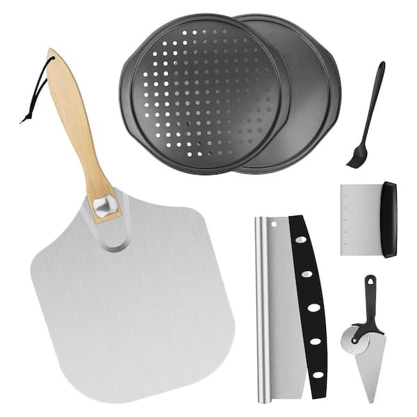 7-Piece Aluminum Pizza Peel Set Non-Stick Pizza Pan with Cutter Scraper Pie Server Oil Brush Oven Safe
