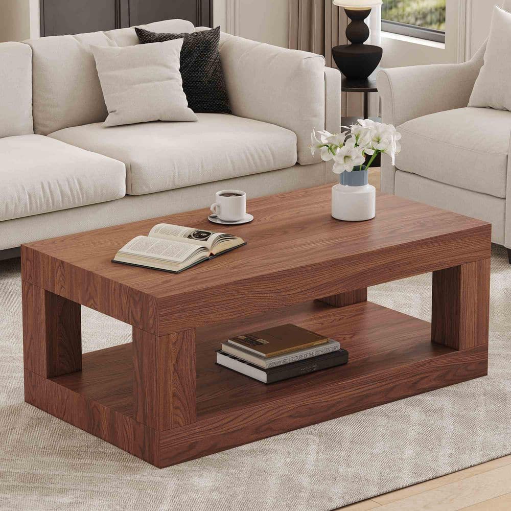 39.37 in. Walnut Rectangle MDF Top Coffee Table with Open Storage Shelf