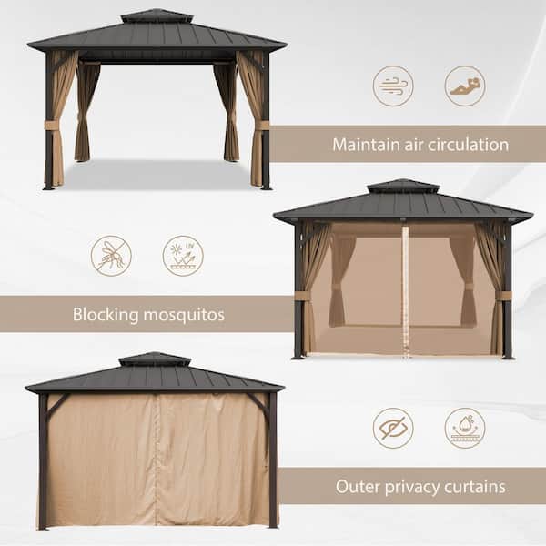 10 ft. x 10 ft. Double Galvanized Steel Roof Aluminum Frame Outdoor Patio Hardtop Gazebo with Netting and Curtains
