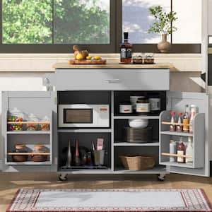 Grey Rubber Wood Top 39 in. Kitchen Island with Drop Leaf, Cabinet door internal storage racks and Spacious Drawers