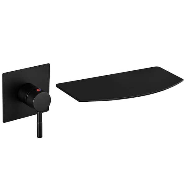 BWE Single Handle Wall Mount Bath Spout Waterfall Tub Black Faucet Bathtub Filler Storage shelf in Matte Black