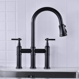 Double Handle Bridge Kitchen Faucet with Pull-Down Spray Head in Spot in Matte Black