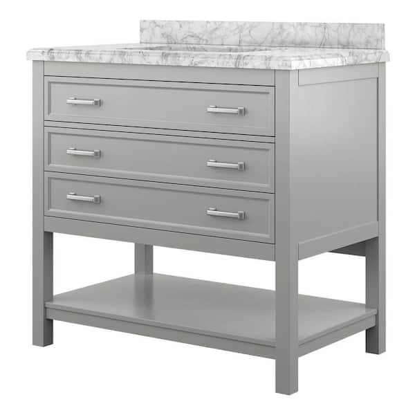 Design Element Affinity 37 in. Modern Bathroom Vanity in Gray with Carrara White Marble Countertop