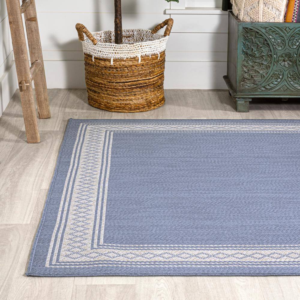 Modern Diamond Border 4' x 6' Blue Synthetic Area Rug