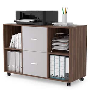 Brown Filing Wood Cabinet with 4 Open Storage Shelves and 2 Drawer