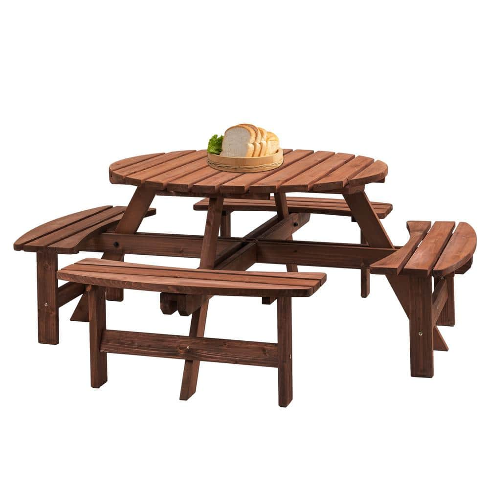 70 in. Brown Round Fir Wood Outdoor Picnic Table Seats 8 People with ...