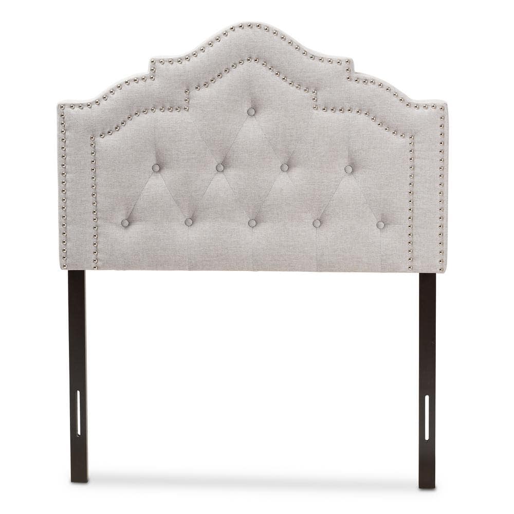 Greyish Beige Tufted Upholstered Twin Headboard with Nailhead Trim