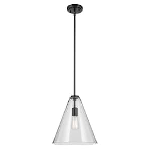 Everly 14.25 in. 1-Light Black Modern Shaded Cone Kitchen Hanging Pendant Light with Clear Glass