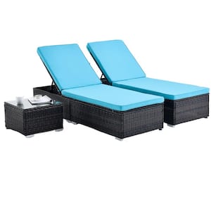 2 Brown Wicker Outdoor Chaise Lounge with Blue Cushions, Pool Recliners with Adjustable Back, 1 Tempered Glass Table