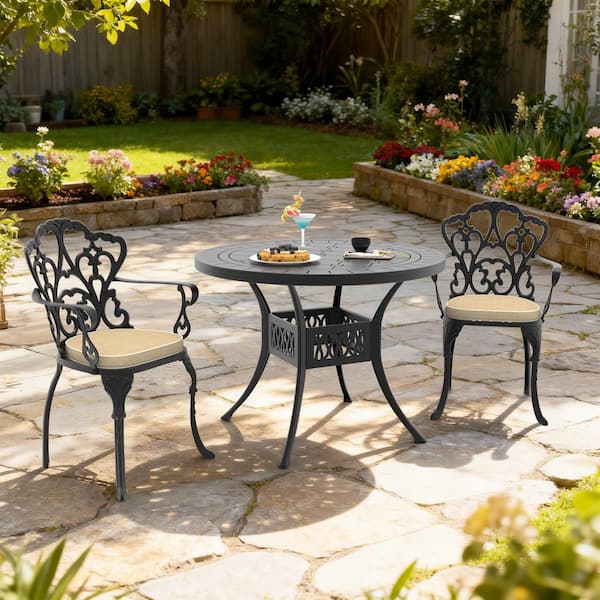 Black 3-Piece Cast Aluminum Outdoor Dining Set, 39.37 in. Round Dining Table and 2 Patio Chairs with Off-White Cushions