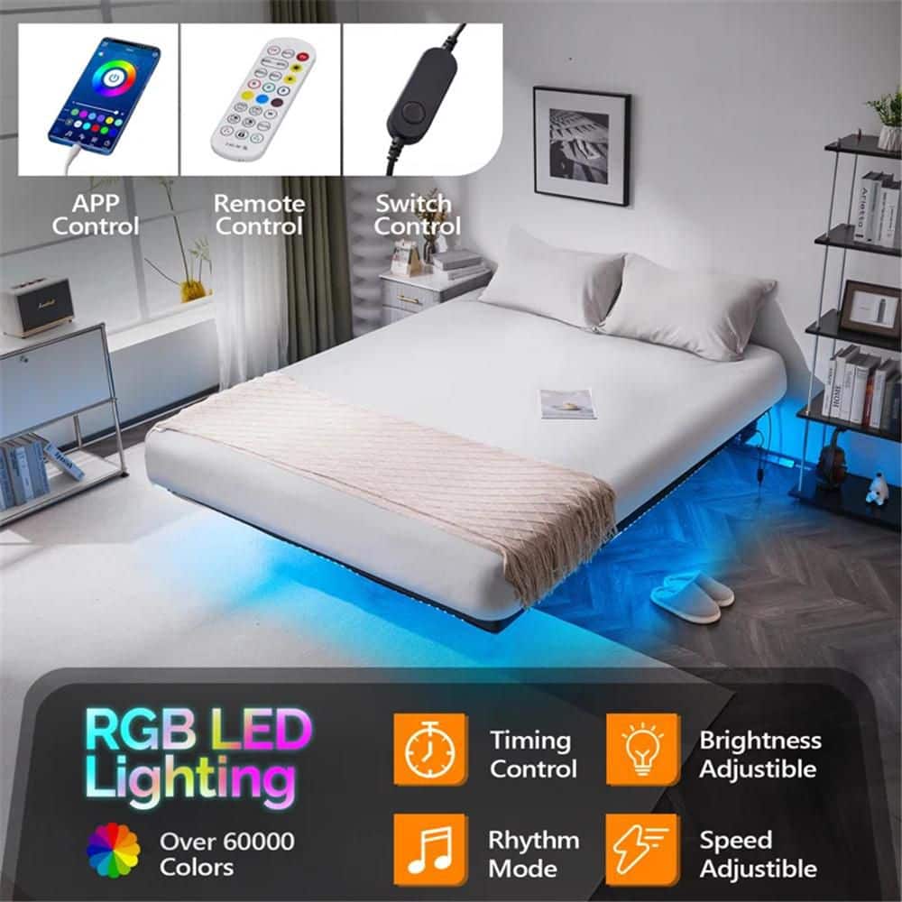 Black Queen Size Floating Bed Frame with Usb Charging Station/Led Light - thumbnail 5