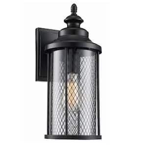 Stewart 12 in. 1-Light Black Outdoor Wall Light Fixture with Mesh Frame and Clear Glass