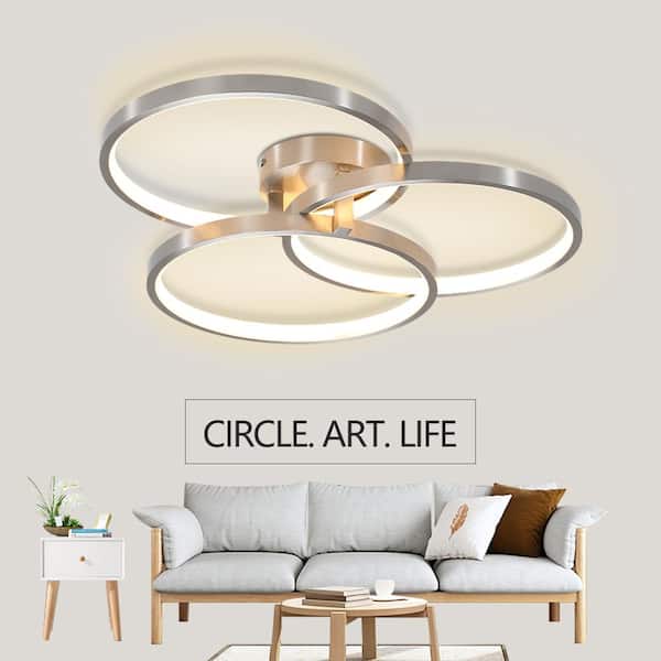 LED 3 Rings LED Light Fixtures Semi-Flush Mount Gold Chandelier Dimmable 3000K-5000K Modern Ceiling Lamp
