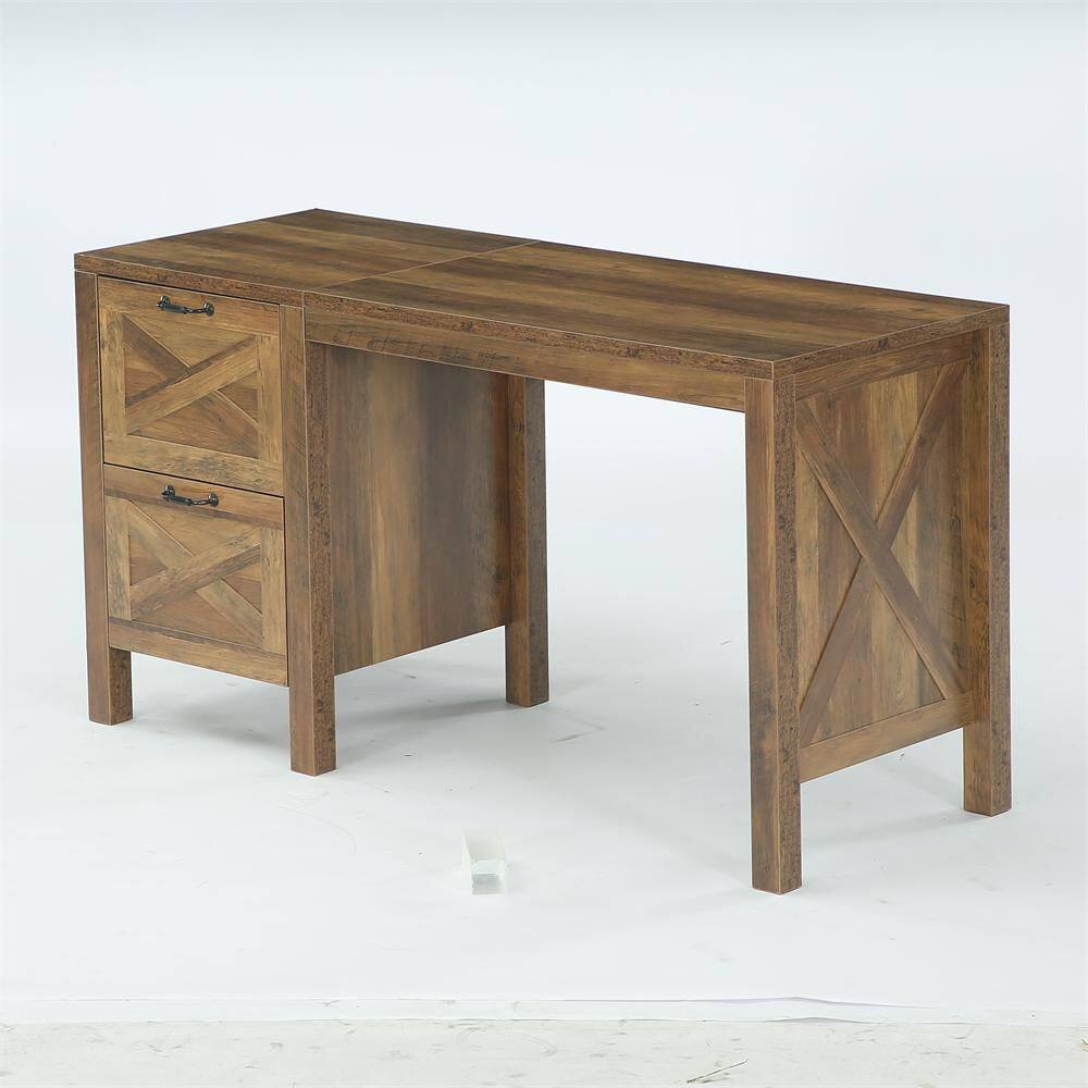 55 in. Rectangular Rustic Brown Wood 2-Drawer Computer Desk with File Storage, Study Writing Table for Home Office
