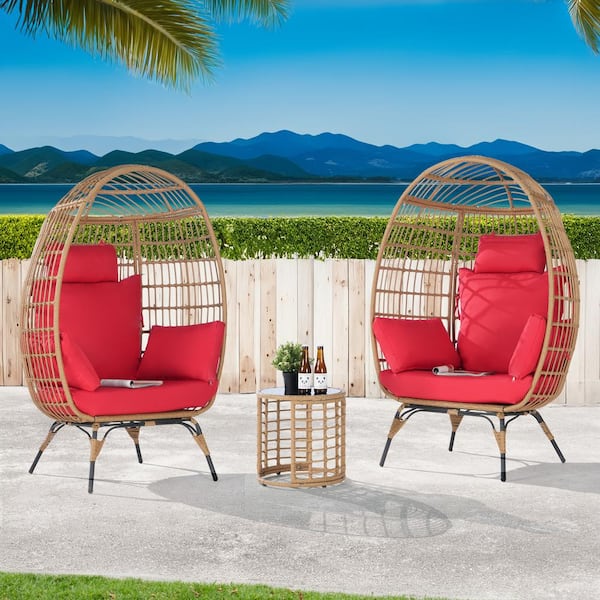 BFB 3-Piece Wicker Round Side Table Outdoor Bistro Set Wicker Egg Chair with Red Cushion