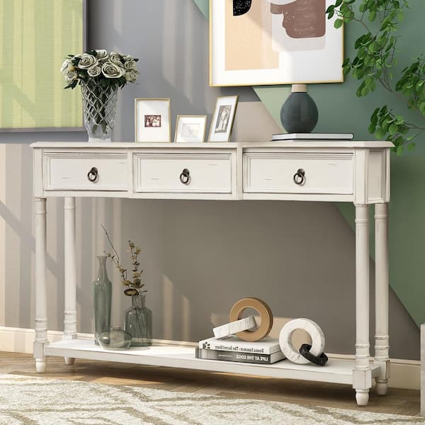 URTR 51 in.Antique White Rectangle Wood Console Table Sofa Table