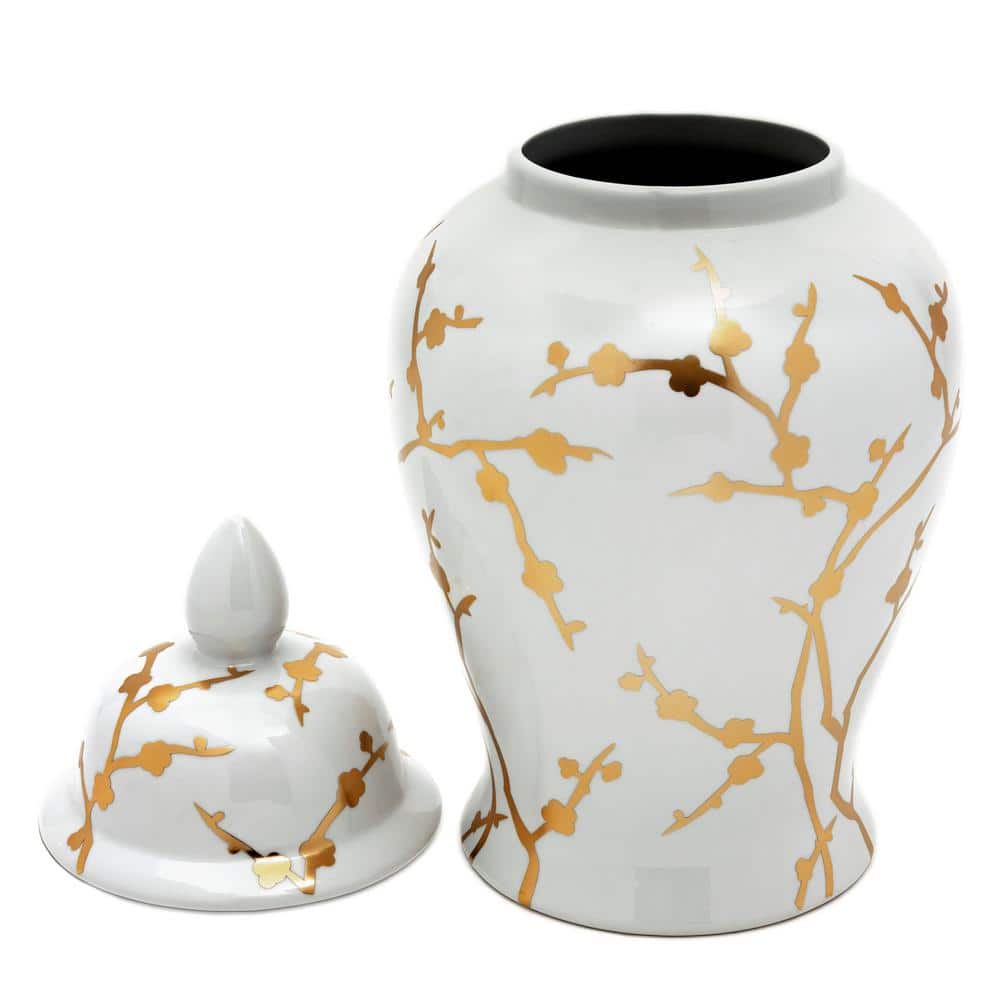 18" White and Gold Porcelain Temple Jar with Glossy Finish
