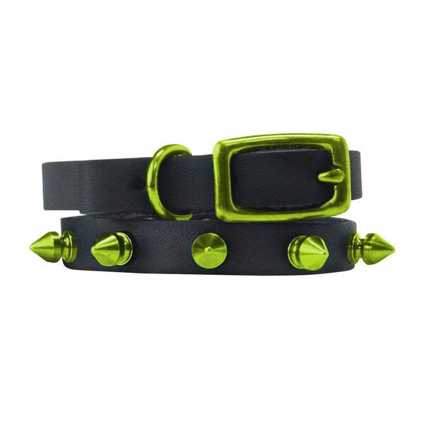 Platinum Pets 10 in. Black Genuine Leather Cat/Puppy Collar in Lime Spikes