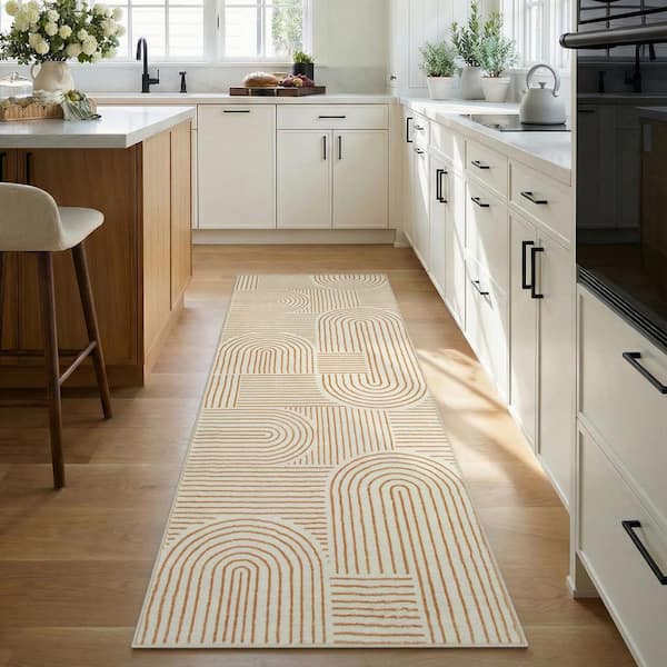 Abstract Rainbow Striped Washable Non-Slip Beige 2 ft. x 6 ft. Entryway Kitchen Runner Area Rug