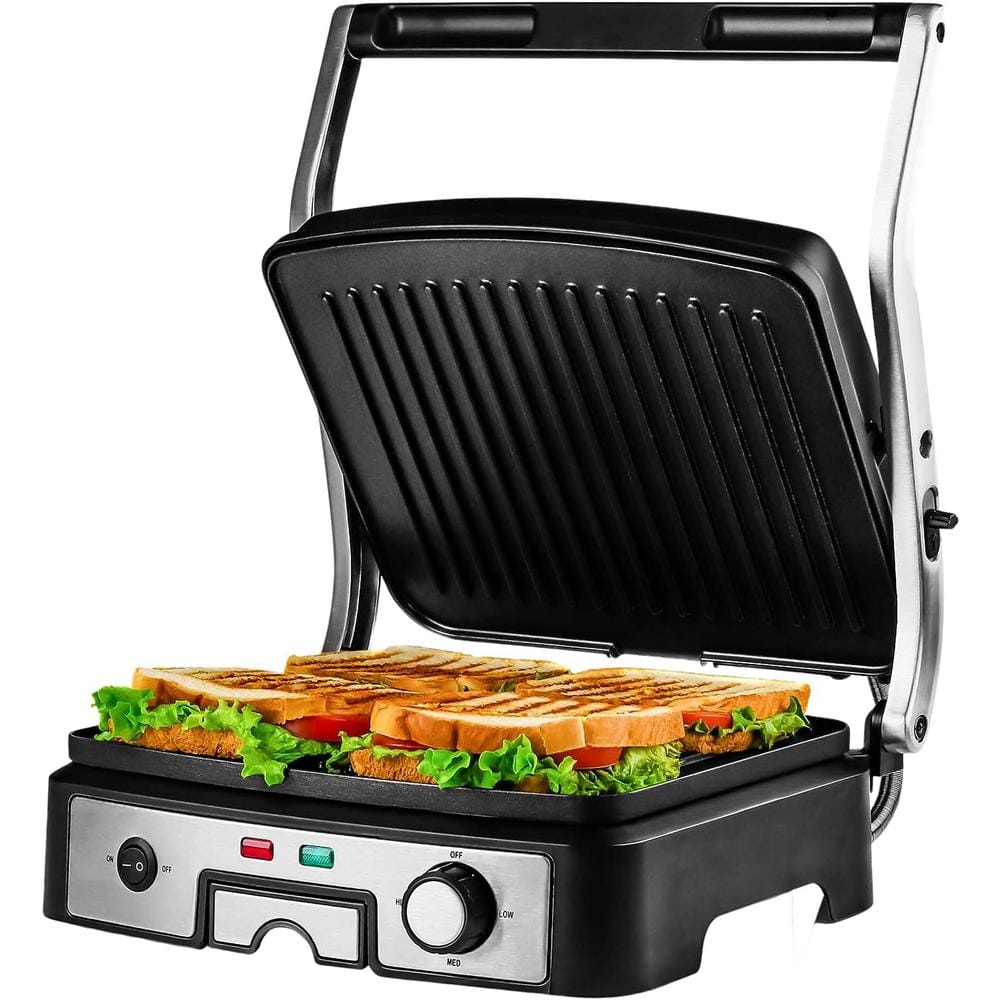 OVENTE 4-Slice Electric Panini 180 Adjustable Hinge Non-Stick 3 Heat  Settings Drip Tray, Free Grill (GP1861BR) GP1861BR - The Home Depot