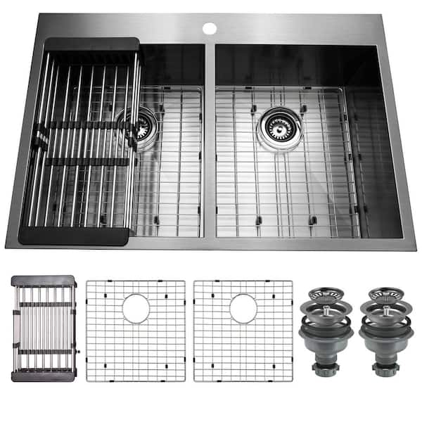 AKDY Gunmetal Matte Black Finish 18 Gauge Stainless Steel 33 in. x 22 in. Double Bowl Drop In Kitchen Sink with Bottom Grid KS0533 The Home Depot