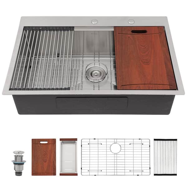 33 in. x 22 in. Top Mount Single Bowl 16-Gauge Stainless Steel Drop-In Workstation Kitchen Sink with Bottom Grids