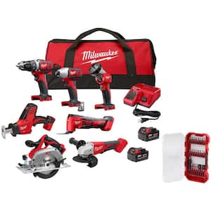 M18 18V Lithium-Ion Cordless Combo Kit 7-Tool w/2-Batteries, Charger with Screwdriver Bit Set (25-Piece)