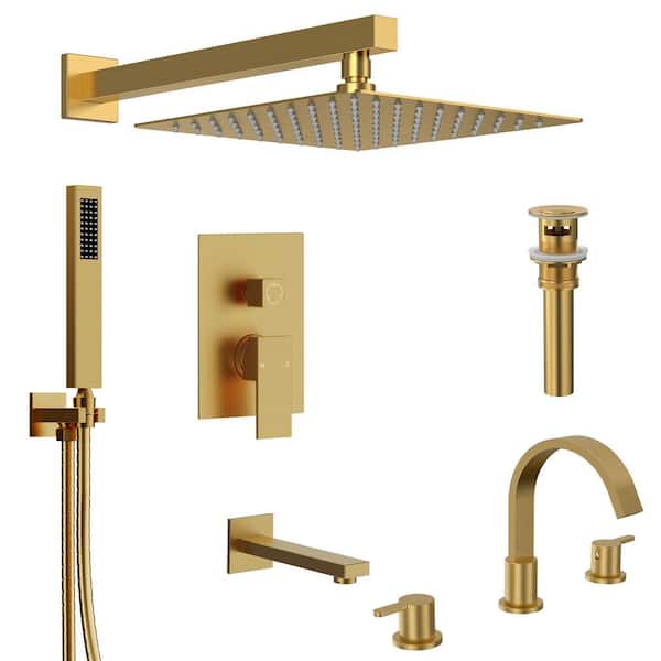 3-Spray Tub and Shower Faucet with 8 in. Widespread Double Handle Bathroom Sink Faucet in Brushed Gold