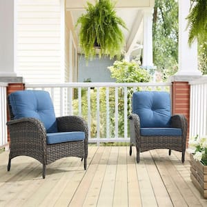 Carlos Brown Wicker Outdoor Lounge Chair with Blue Cushion 2-Pack