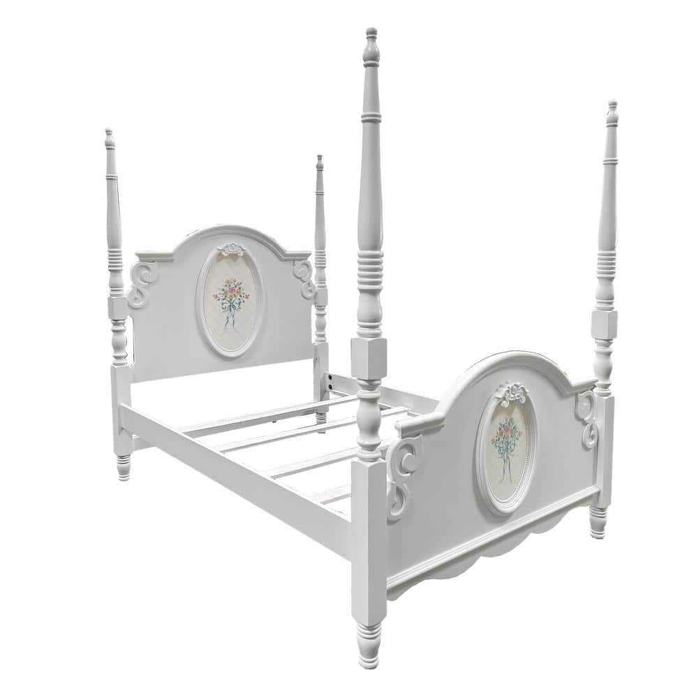 Flora Full White Upholstered Poster Bed with Wood Frame