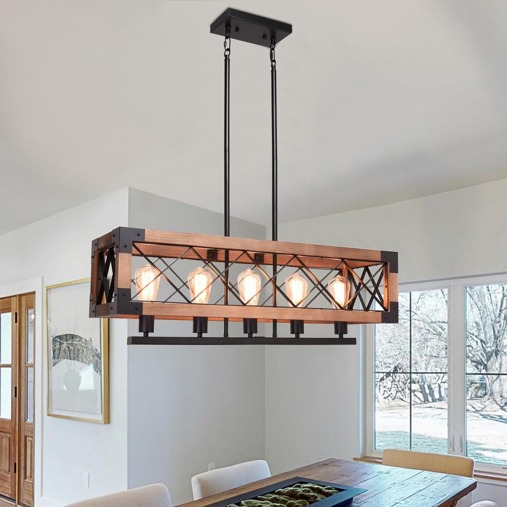 LWYTJO 5-Light Brown Rectangle Rustic Industrial Chandelier for Kitchen ...