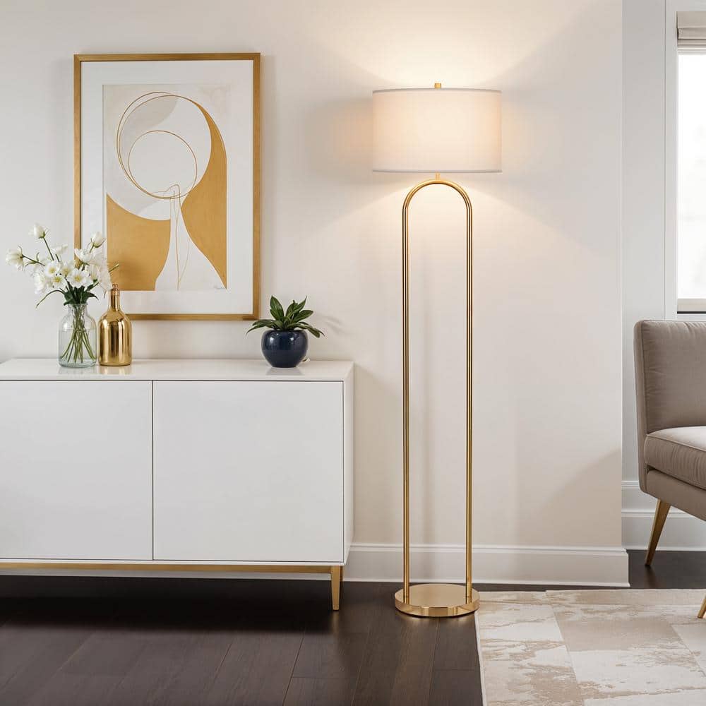 64" Gold Floor Lamp with White Linen Drum Shade