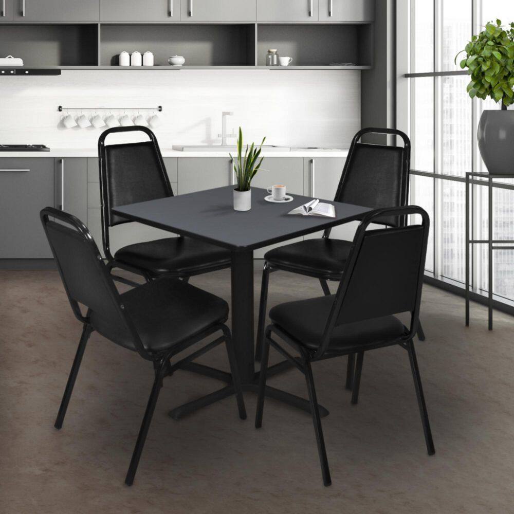 Cain 36 in. Grey Square X-Base Breakroom Table Desk and 4 Restaurant Stack Chairs-Black