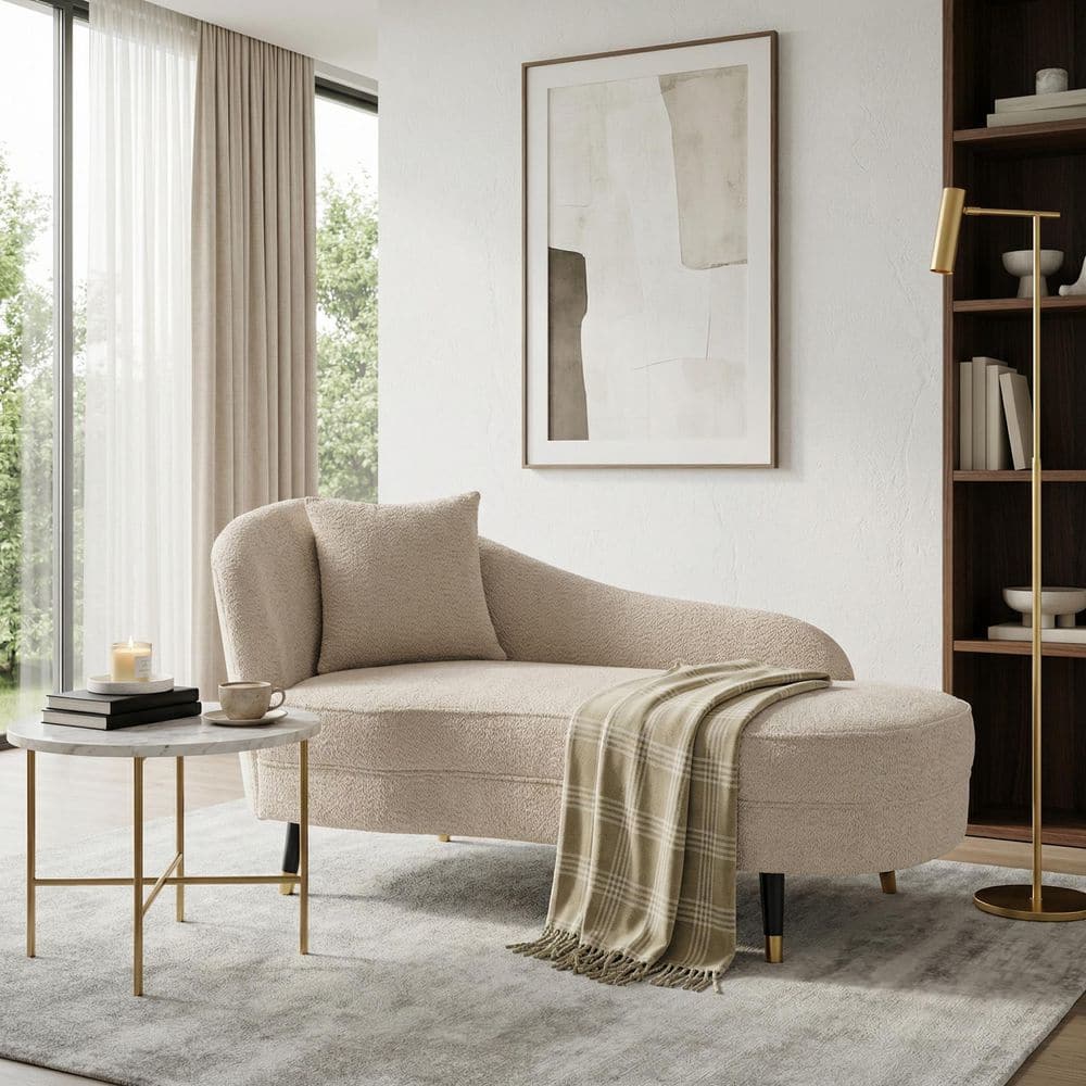 Curved Beige Boucle Fabric Chaise Lounge with Wood Legs for Bedroom, Living Room, Office