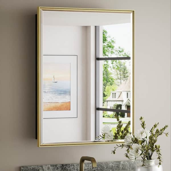 21 in. W x 27 in. H Rectangular Gold Metal Framed Beveled Surface Mount/Recessed Medicine Cabinet with Mirror