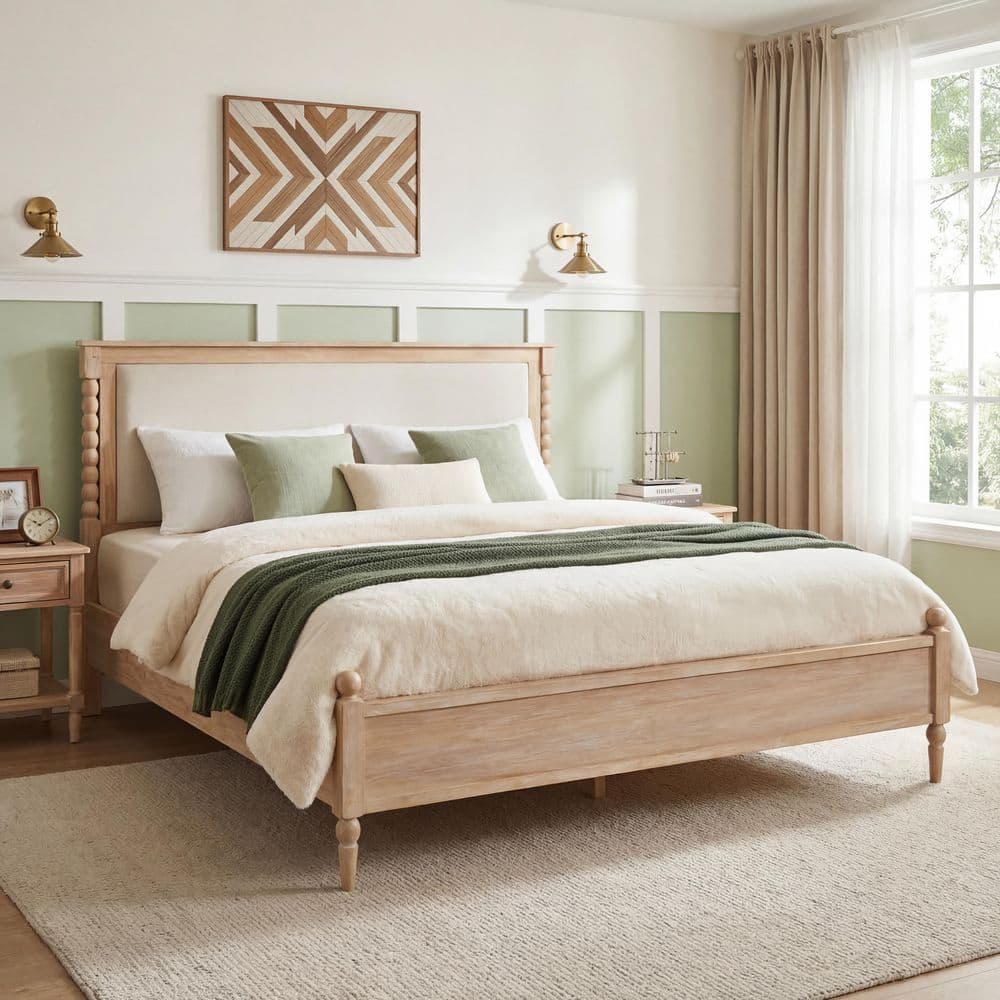 Natural(Brown) Solid Wood Frame Queen Platform Bed with Upholstered Headboard price history on PriceWatchPro