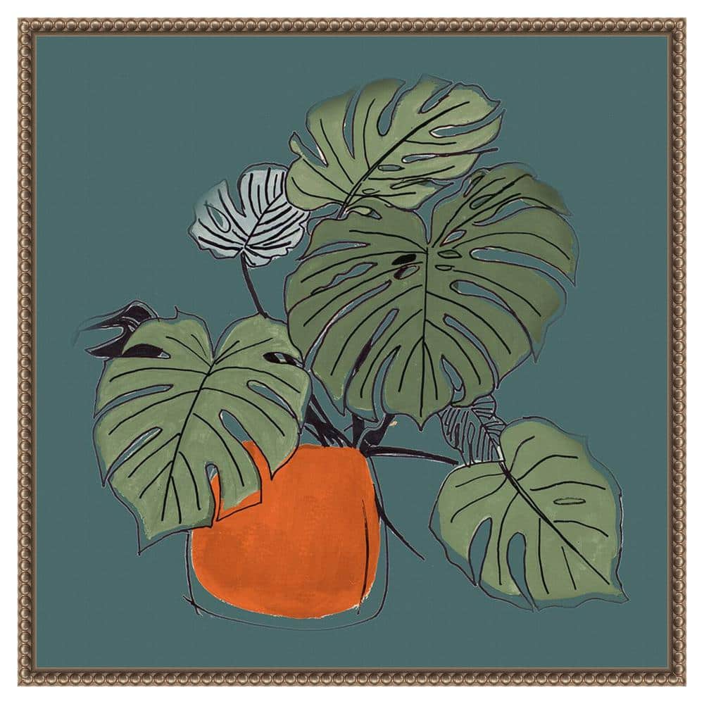 Retro Potted Plant on Teal Canvas Wall Art with Bronze Frame