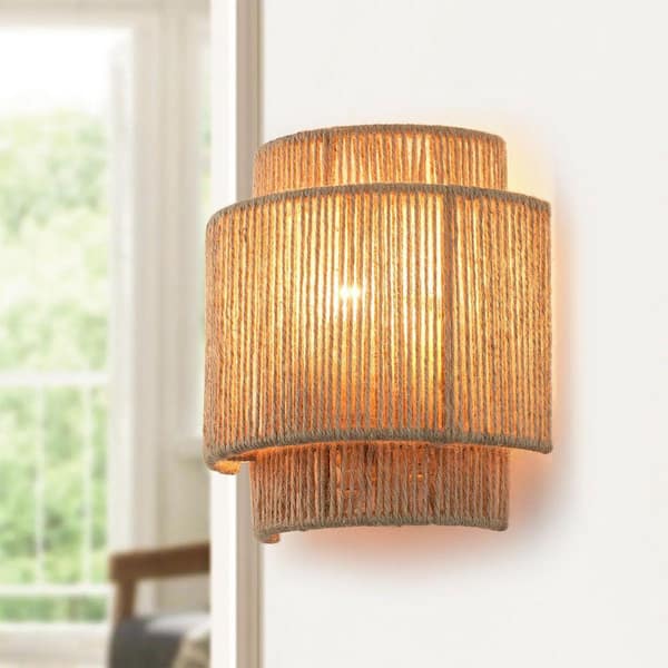 Bohemian 9 in. 1-Light Brass Bathroom Vanity Light Wall Sconce with Hemp Rope Shade for Living Room