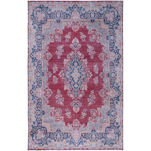 Tuscon Red/Navy 8 ft. x 10 ft. Machine Washable Border Floral Area Rug